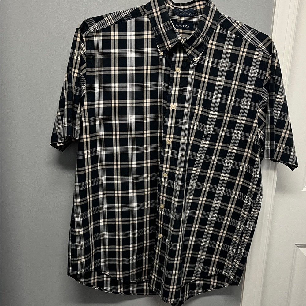 Nautica Black and Cream Plaid Short Sleeved Shirt